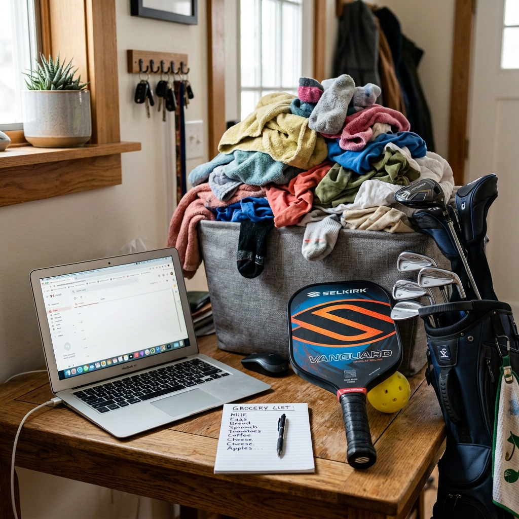 Laundry basket overflowing, open laptop, pickleball paddle, and grocery list on wooden table